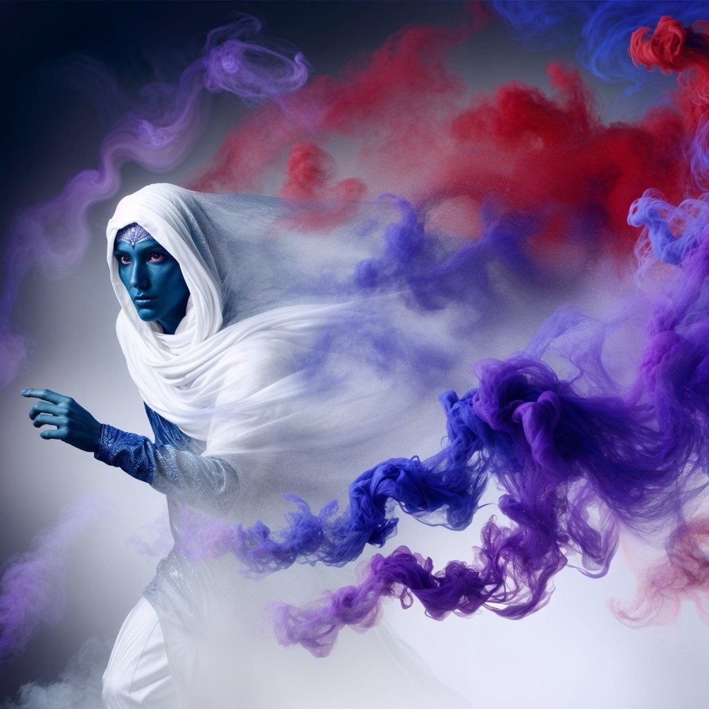 Mystical Figure in White Fabric with Colorful Smoke