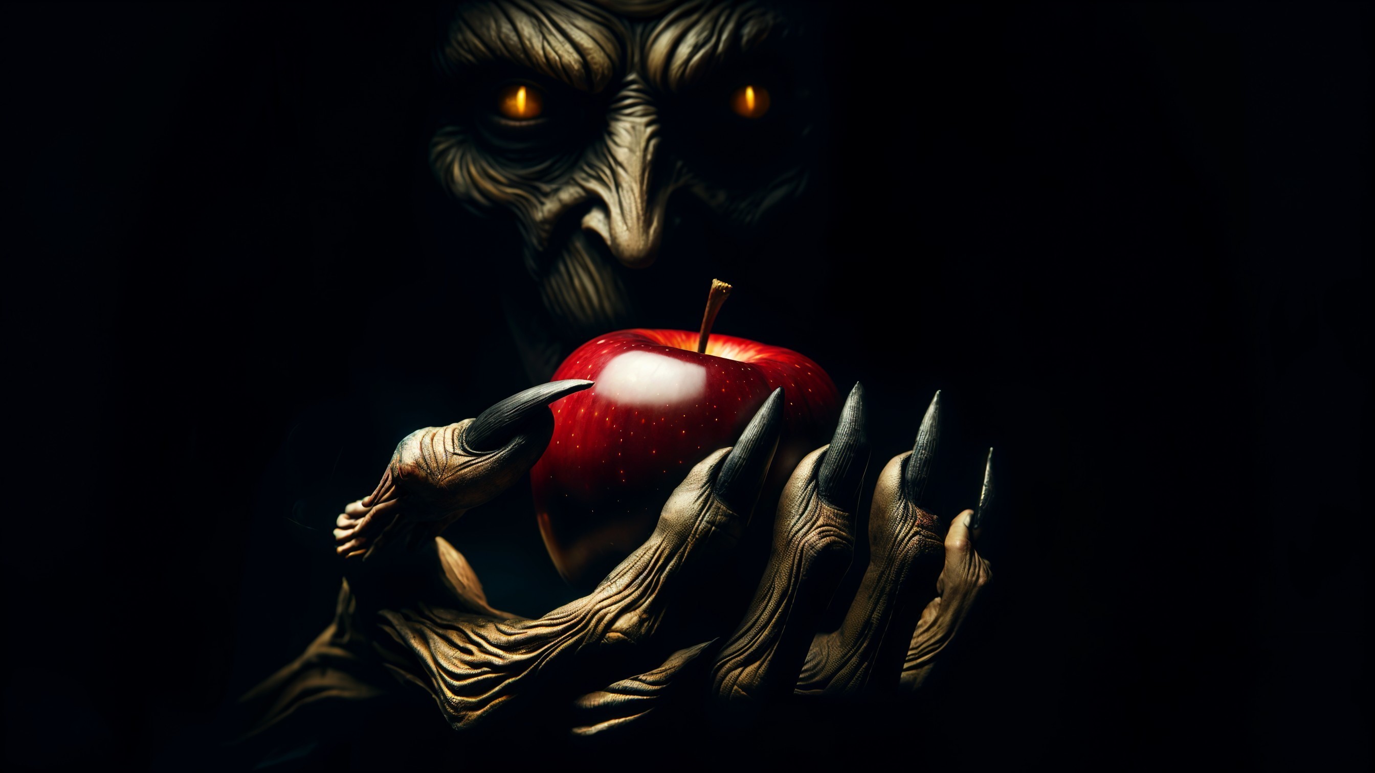 Sinister Figure with Red Apple in Dark Atmosphere