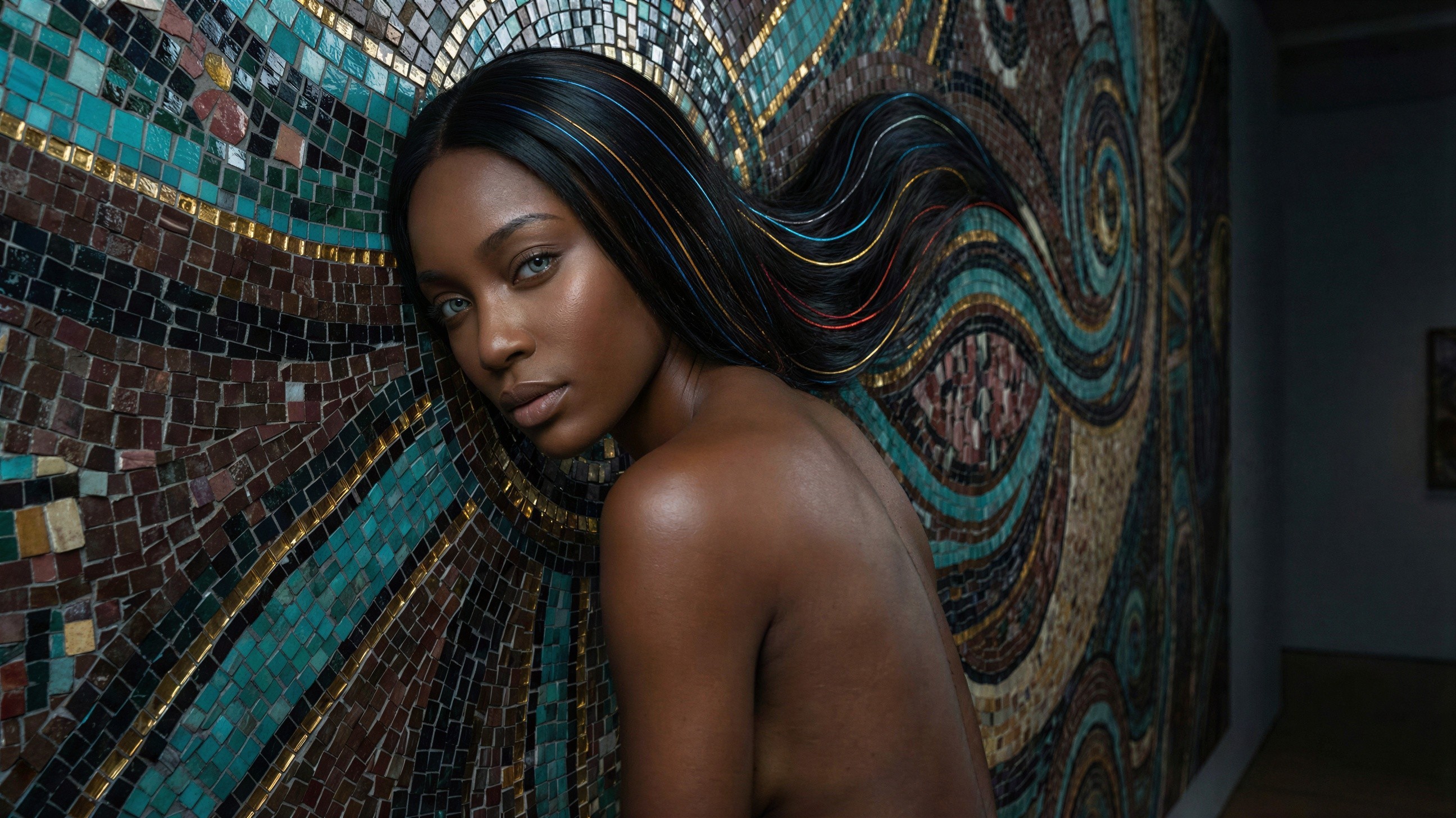 Portrait of a Woman with Gray Eyes and Colorful Hair