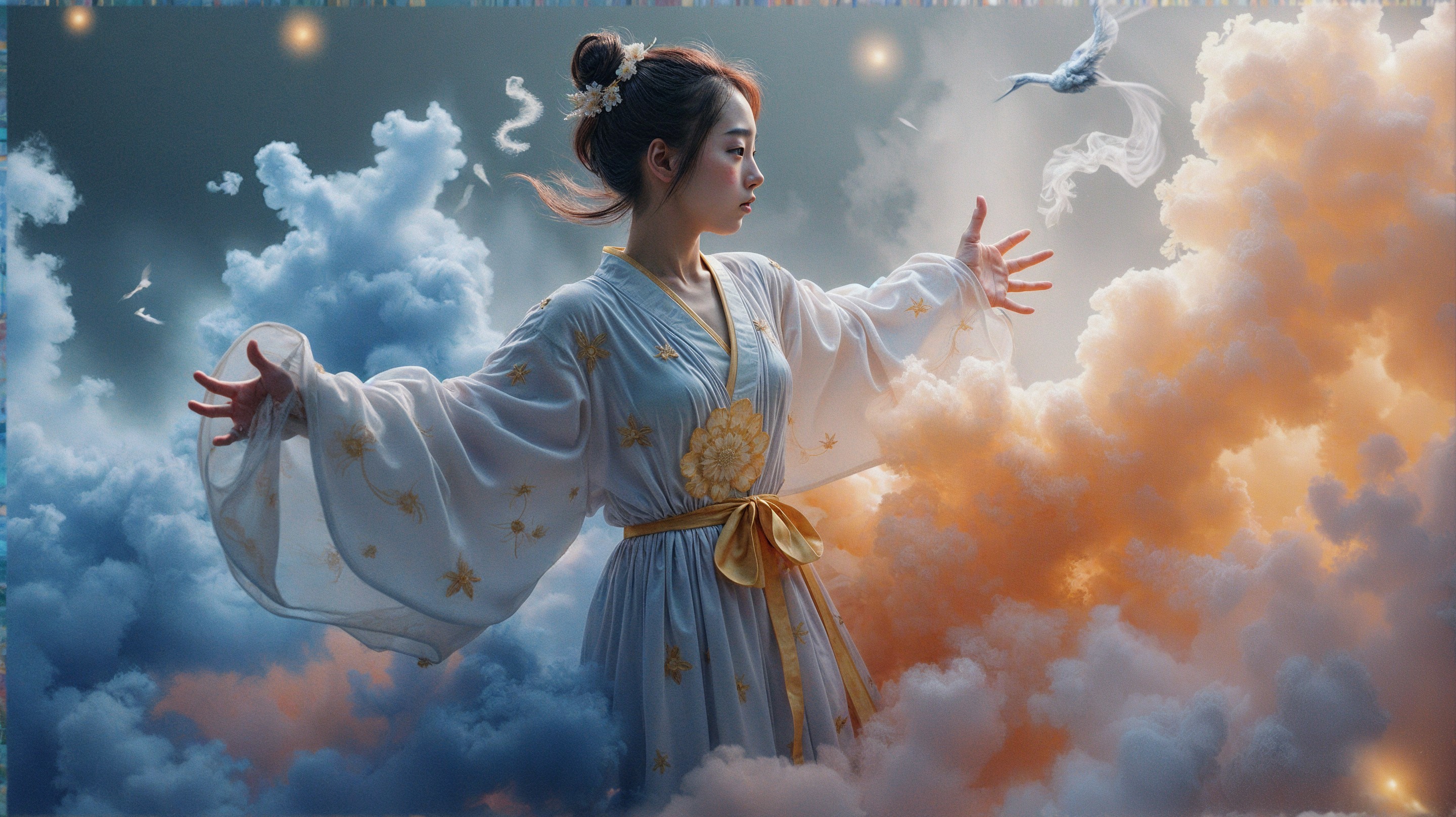 Young woman in floral robe among vibrant clouds