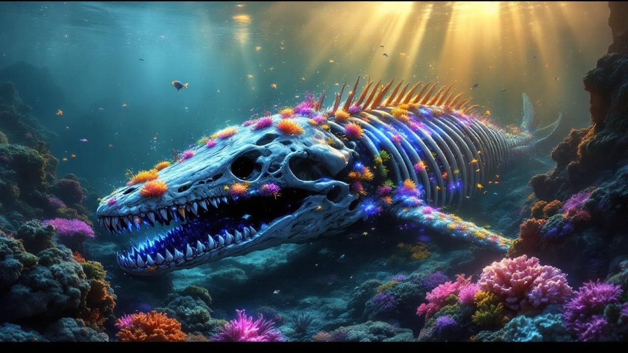 Giant Skeletal Marine Creature in Vibrant Underwater Scene