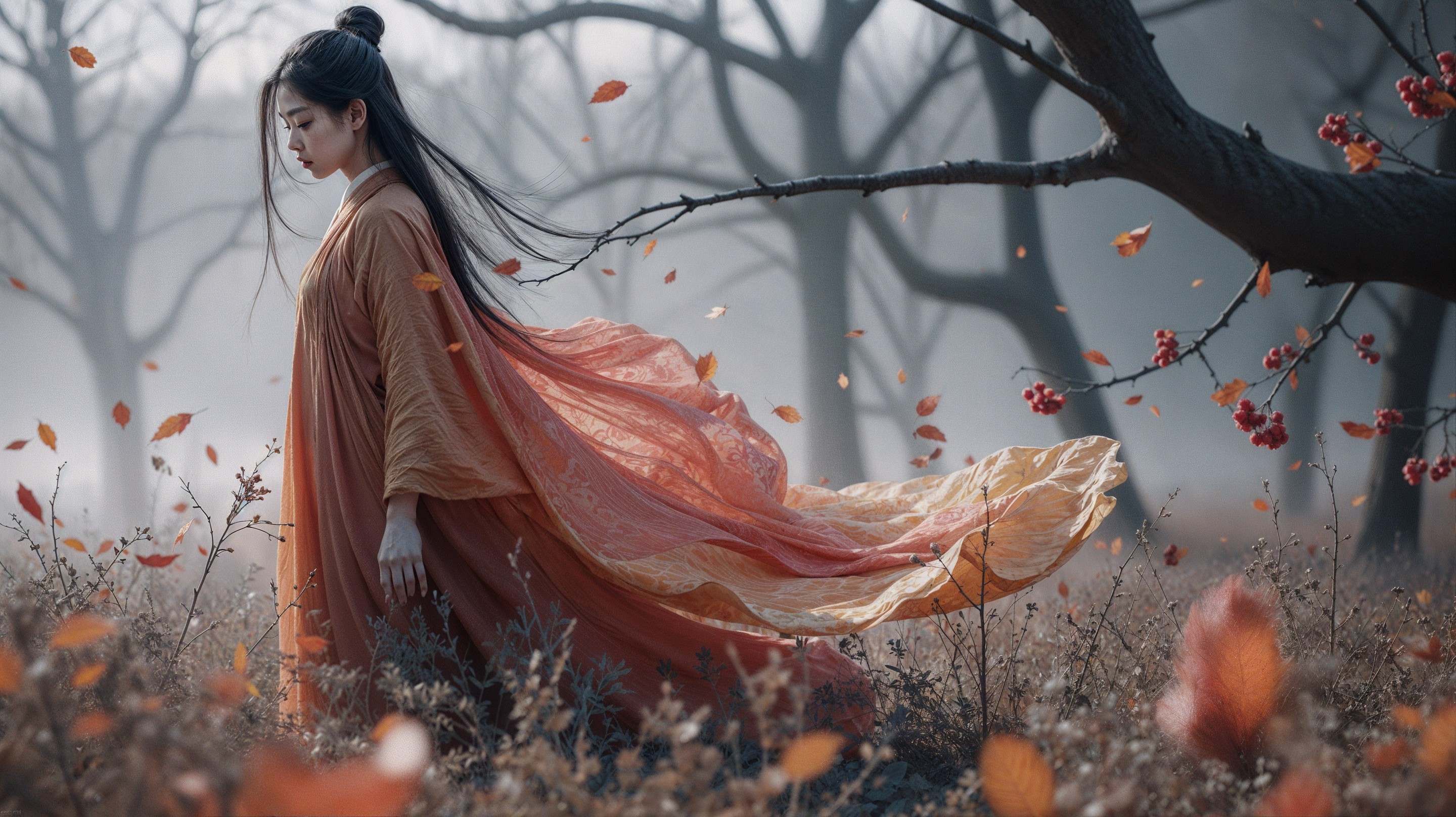 Woman in Orange Gown in Misty Autumn Landscape