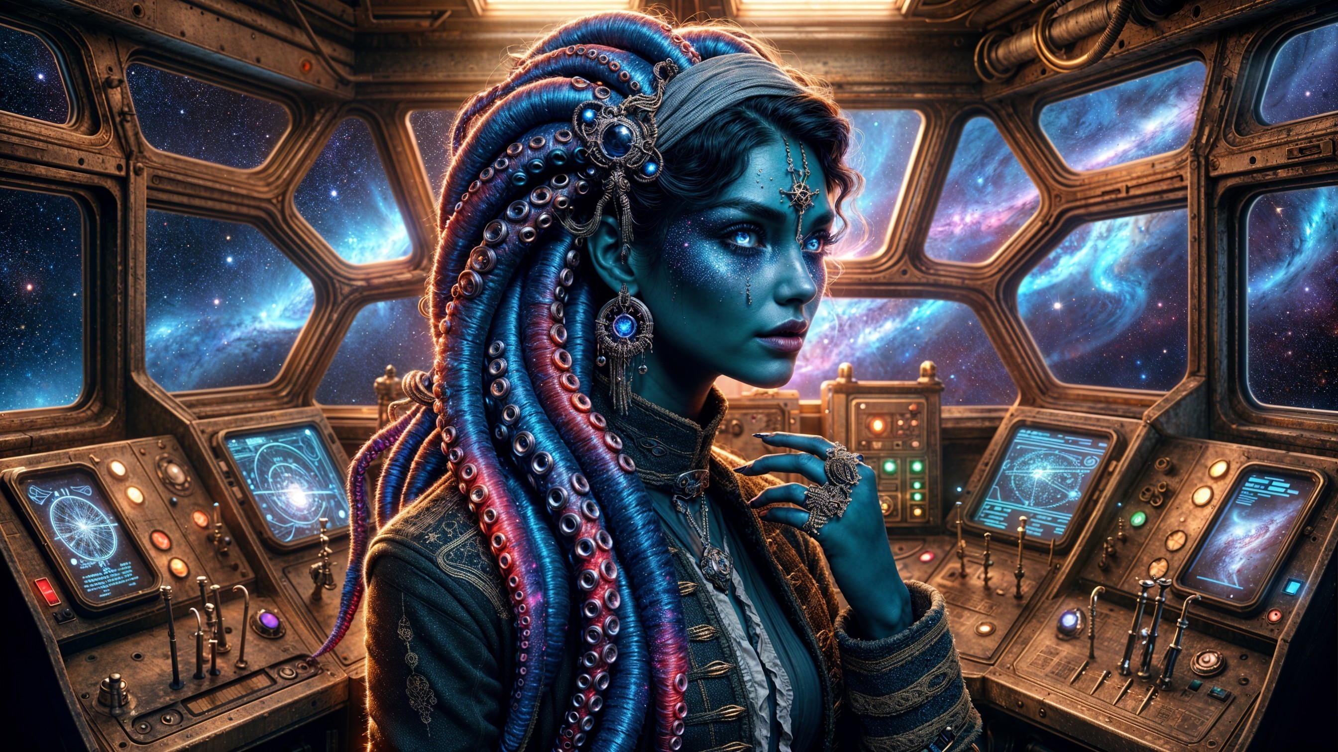 Futuristic woman with blue skin in spacecraft control room