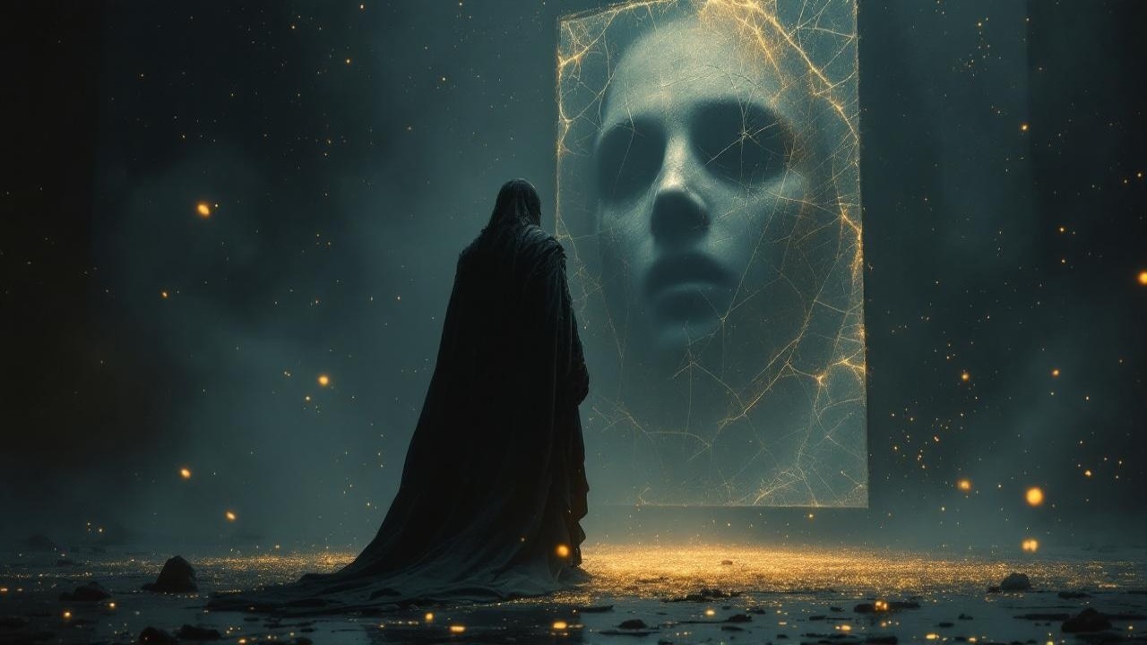 Mysterious Figure Before Luminous Cracked Mirror