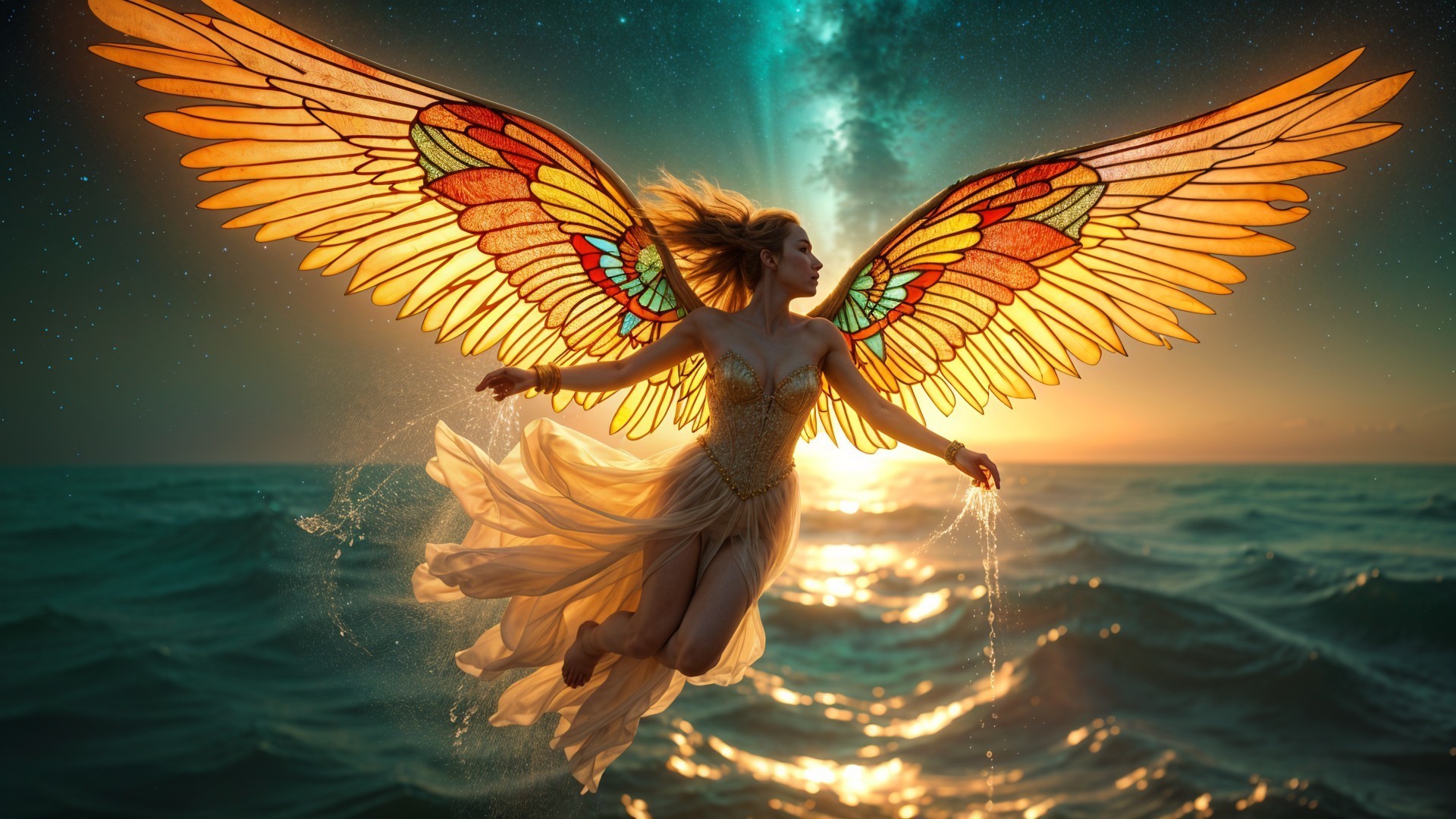 Woman with Stained-Glass Wings Soaring at Sunset