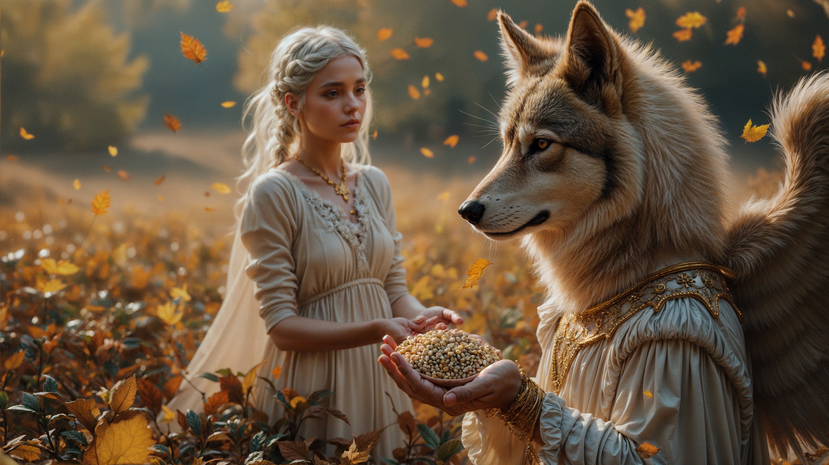 Autumn Landscape with Woman and Anthropomorphic Wolf