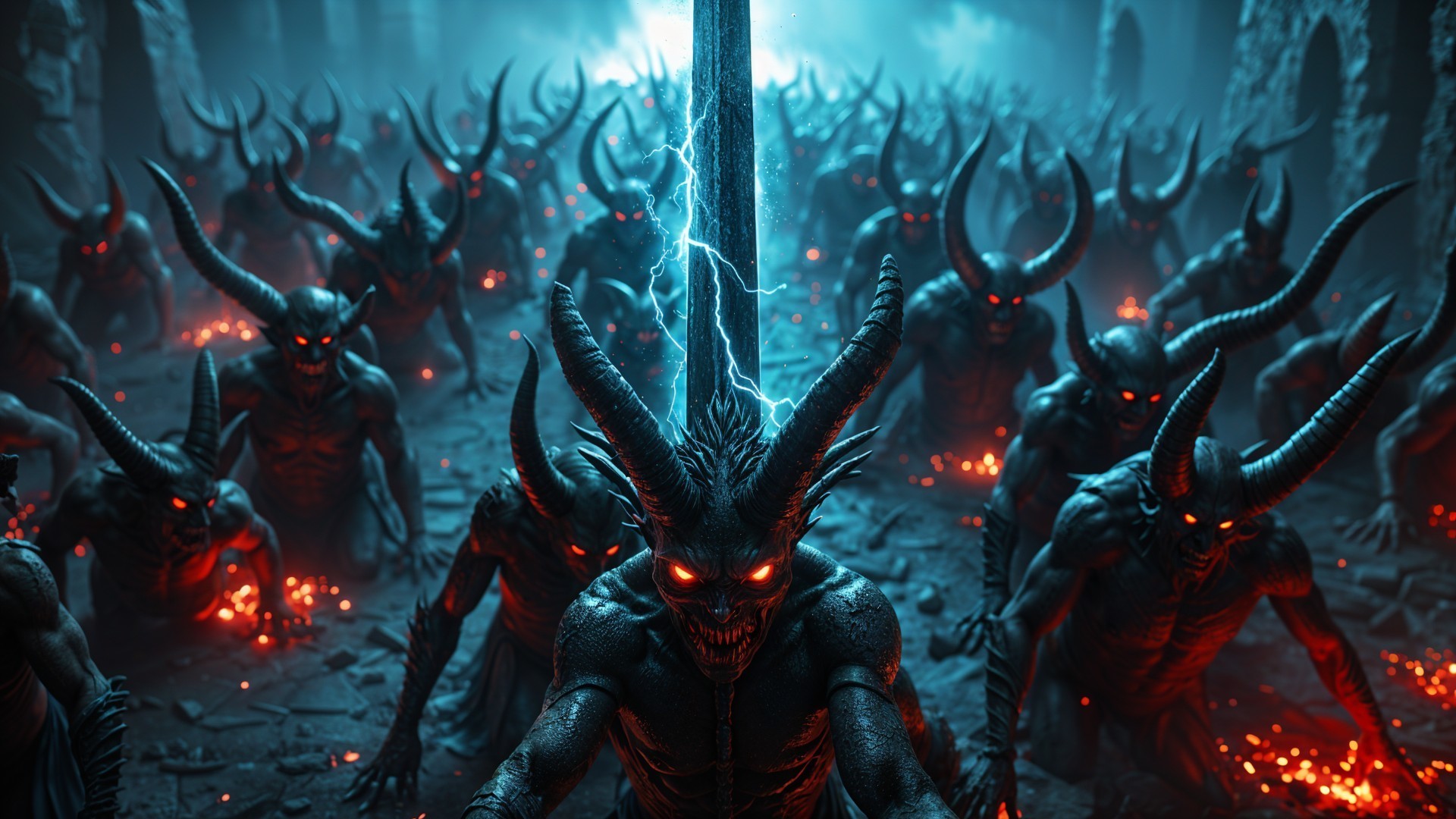 Demonic Figures Surround Lightning-Infused Spear
