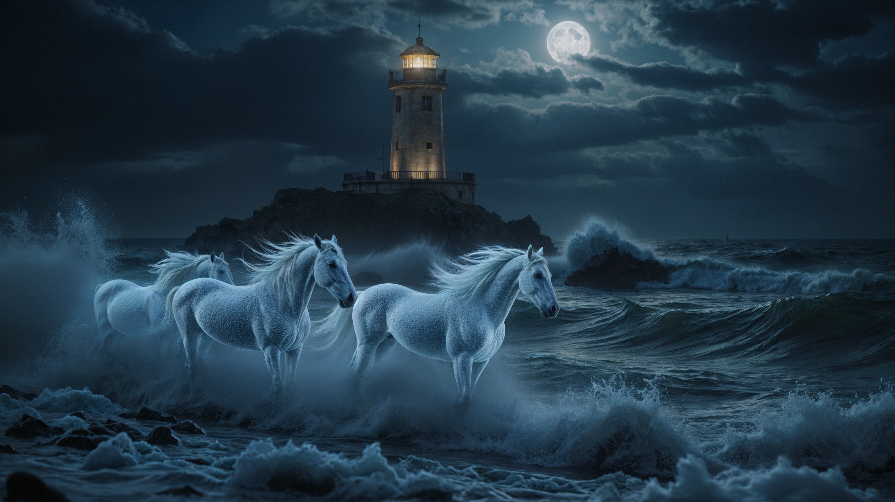 Mystical Scene of Horses Galloping by a Lighthouse