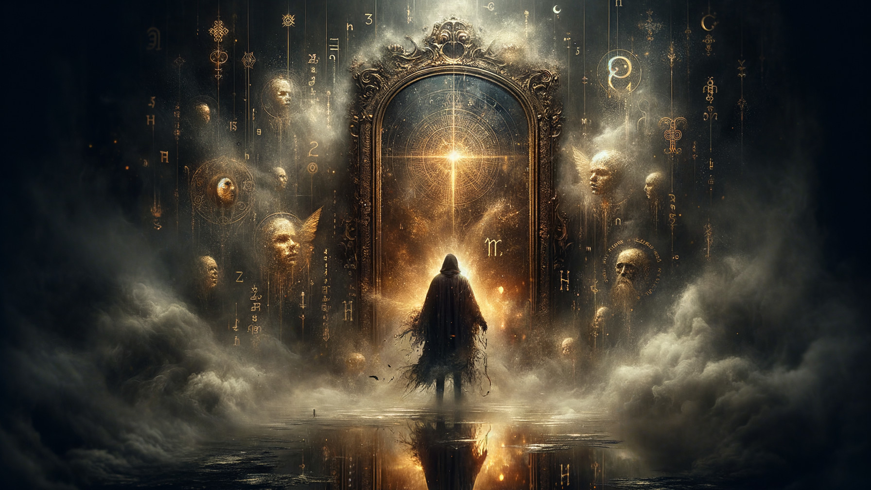 Mysterious Figure Before Ornate Glowing Mirror