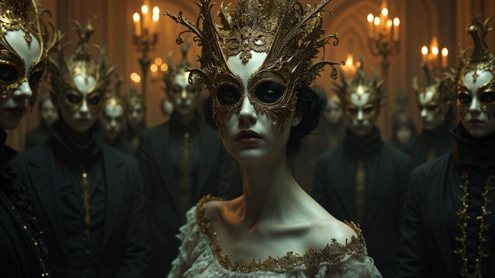 Masked Figures in Ornate Room with Candlelight