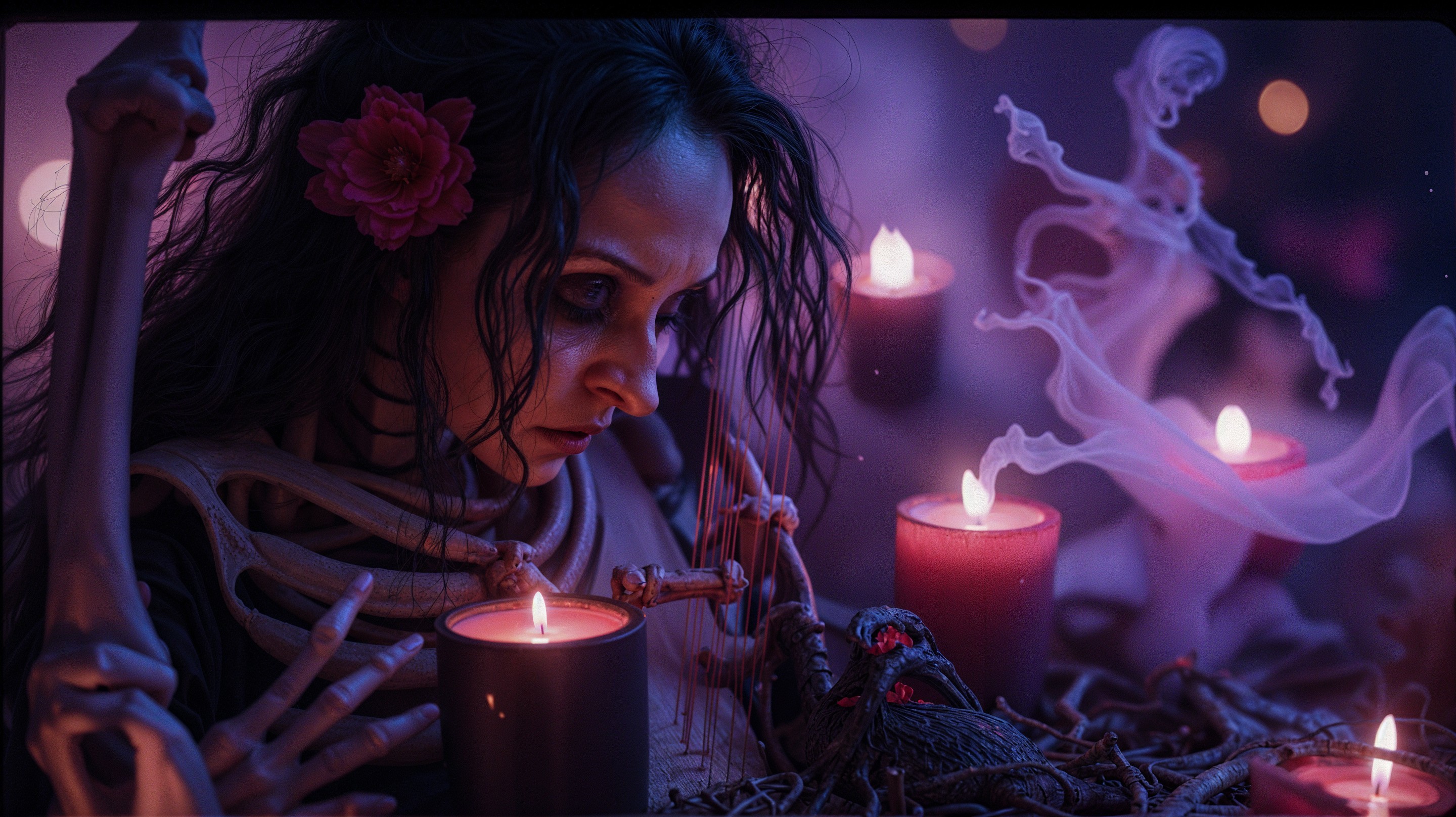 Mystical Scene with Woman in Skeletal Attire and Candles