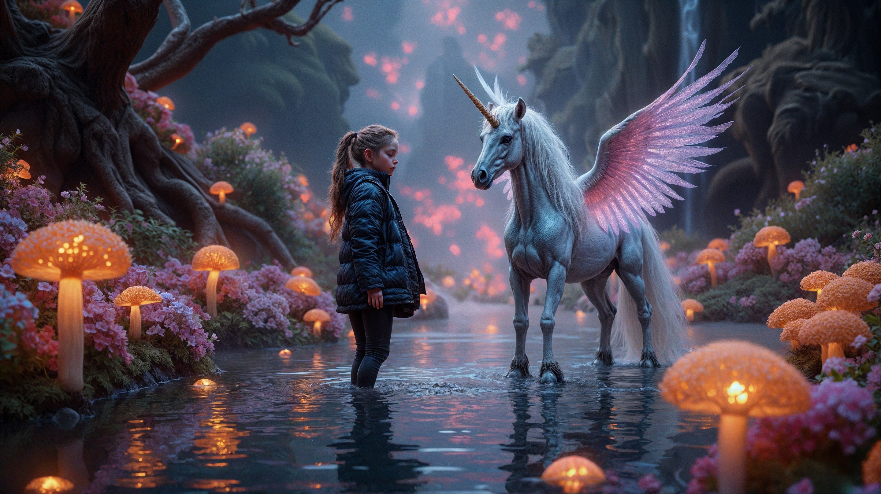 Young girl and unicorn in a magical forest scene