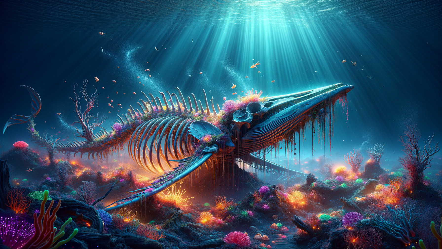 Whale Skeleton Surrounded by Coral and Marine Life