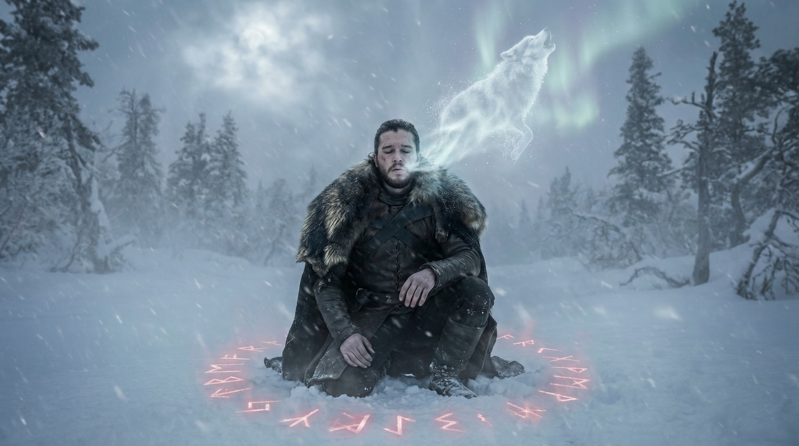Jon Snow in a snowy forest with glowing runes