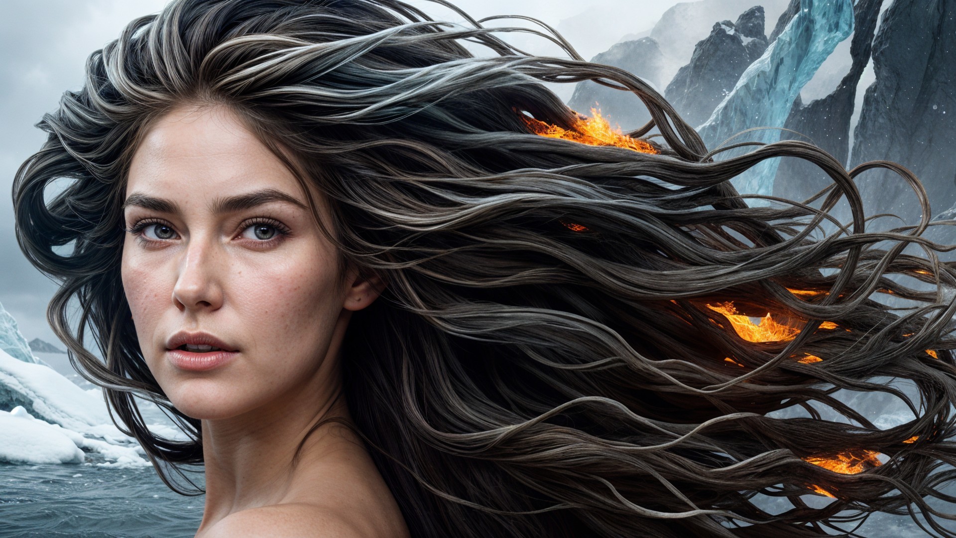 Woman with flowing hair amidst fire and icy mountains