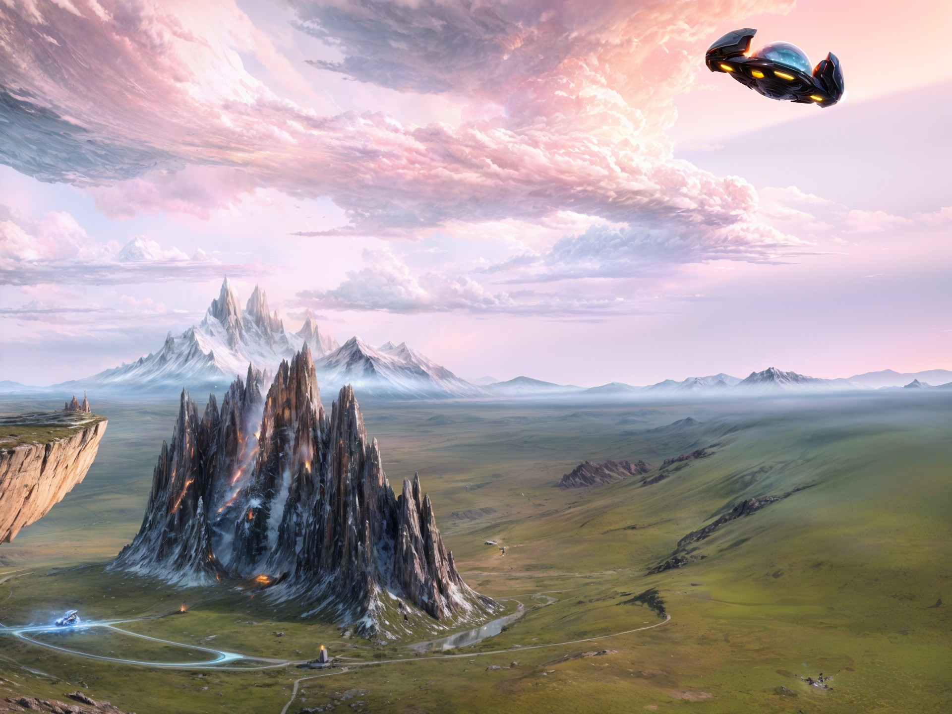 Futuristic landscape with mountains, spacecraft, and settlement