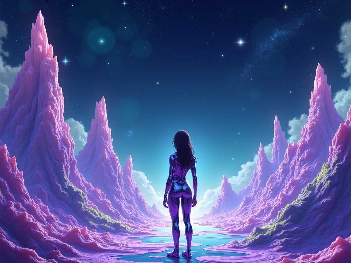 Surreal Landscape with Vibrant Peaks and Starry Sky