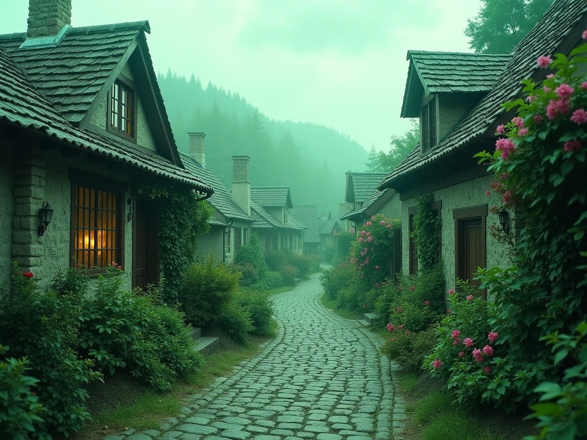 Cobblestone Path in Quaint Village with Stone Cottages