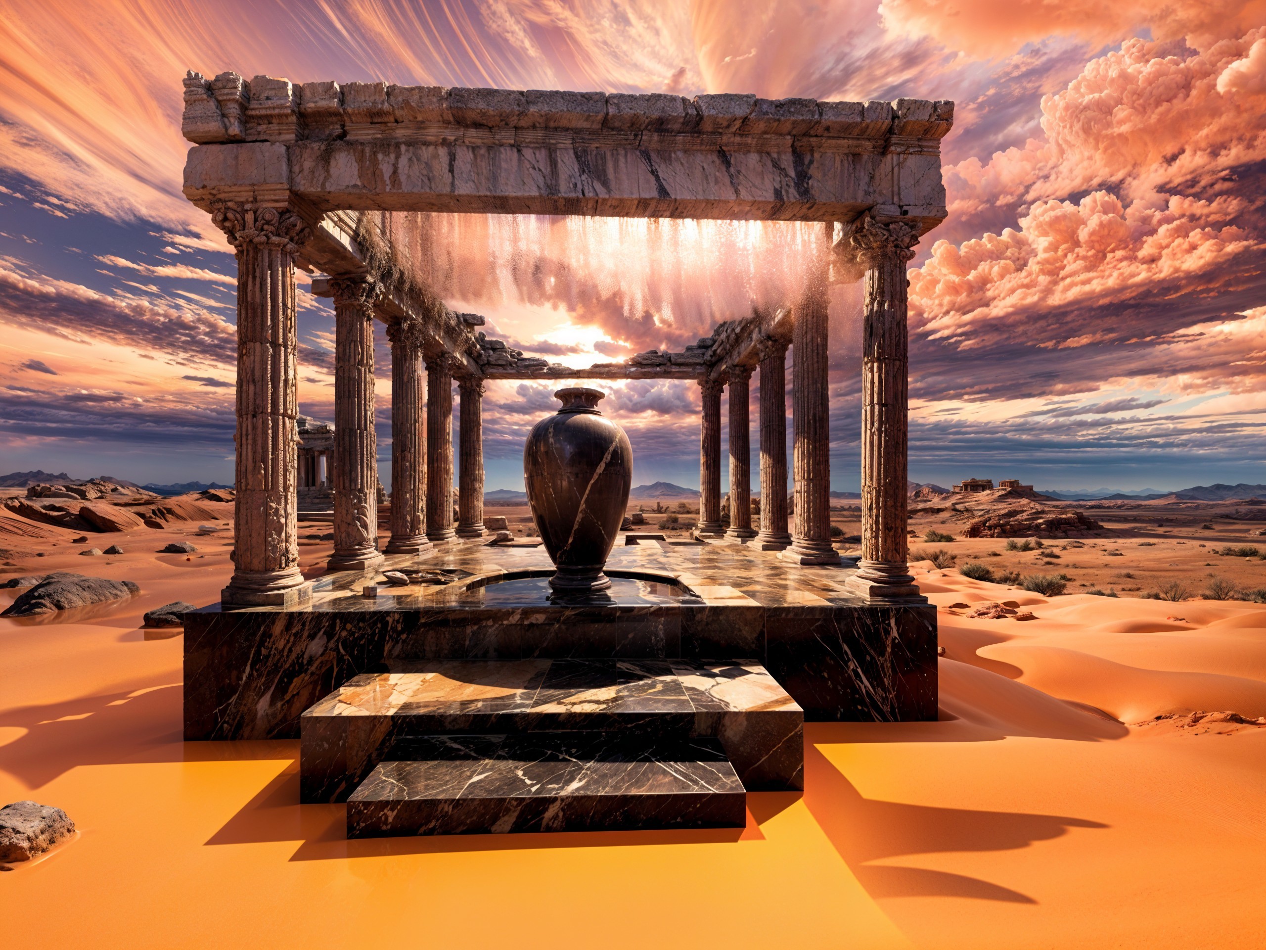 Majestic Structure in Desert Oasis at Sunset
