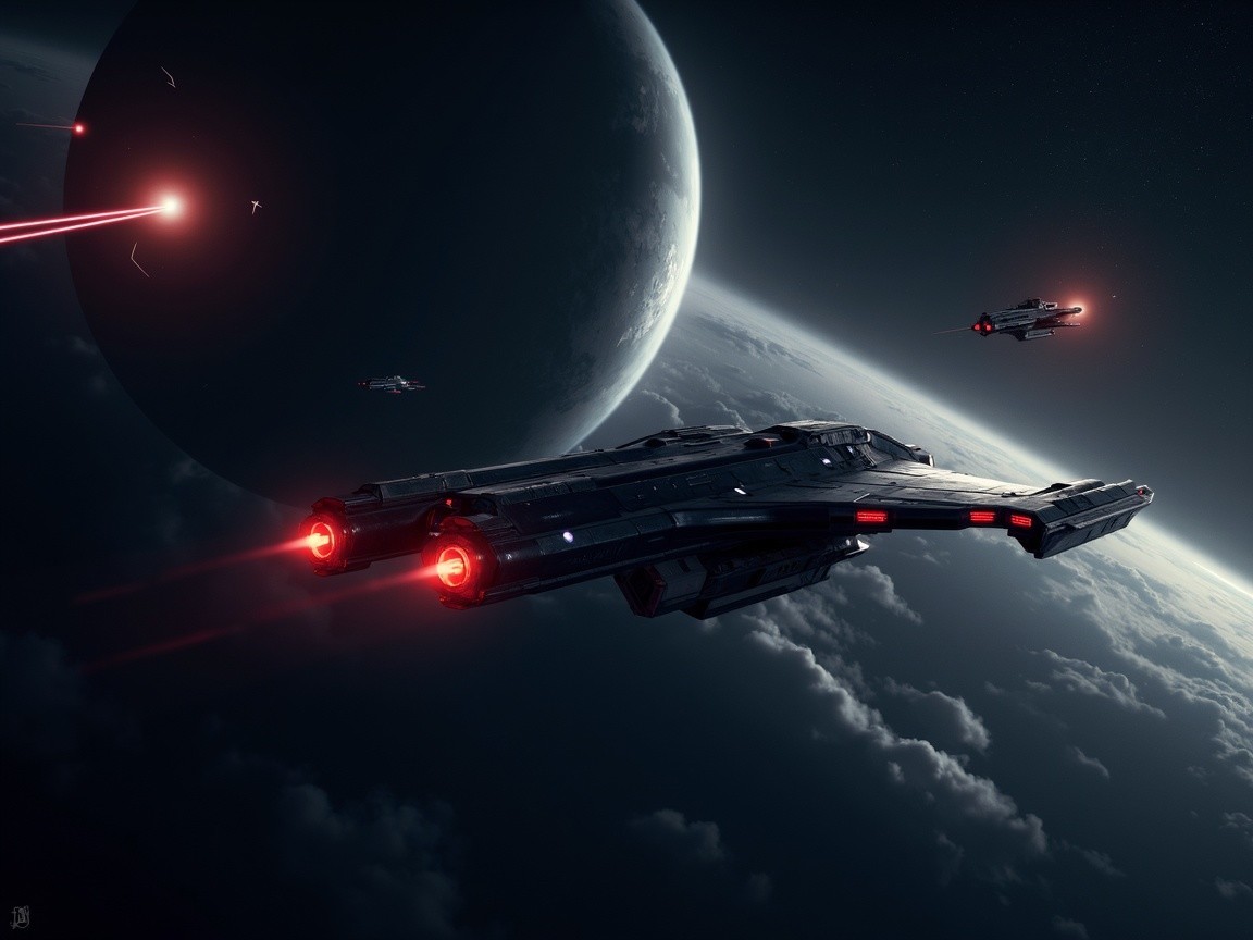 Futuristic spacecraft in a dark cosmic landscape