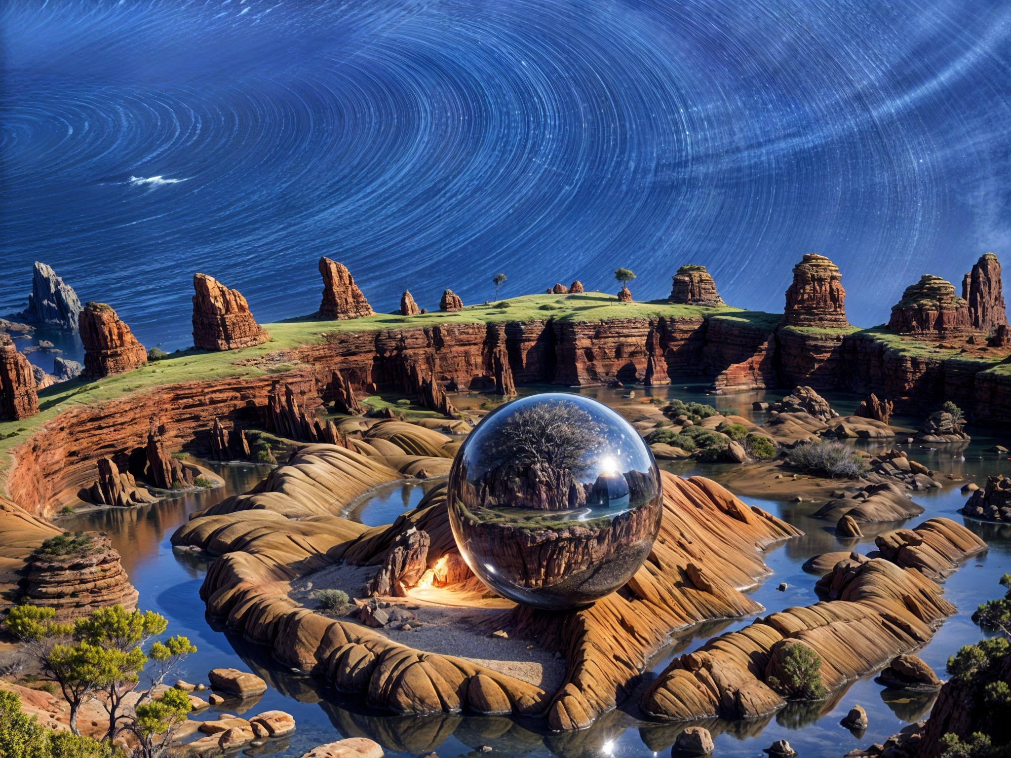 Surreal Landscape with Red Rocks and Reflective Orb