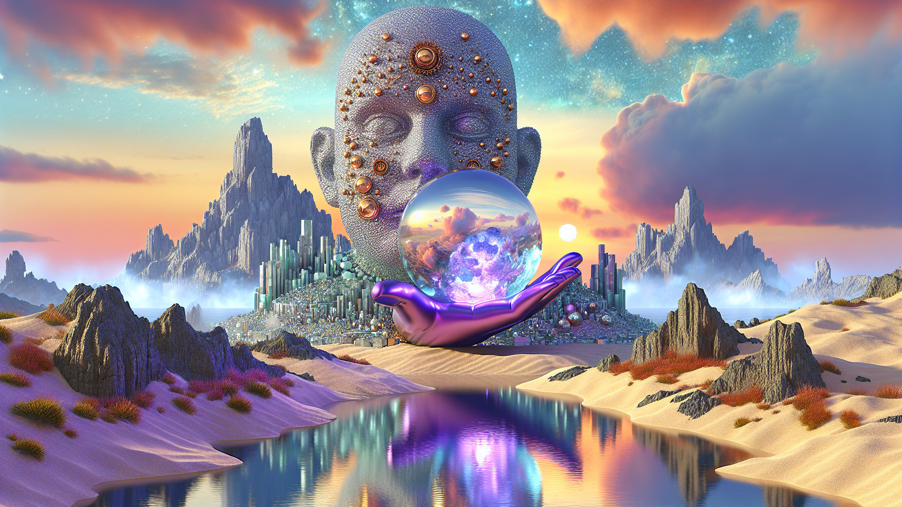 Surreal Landscape with Giant Head and Colorful Sky