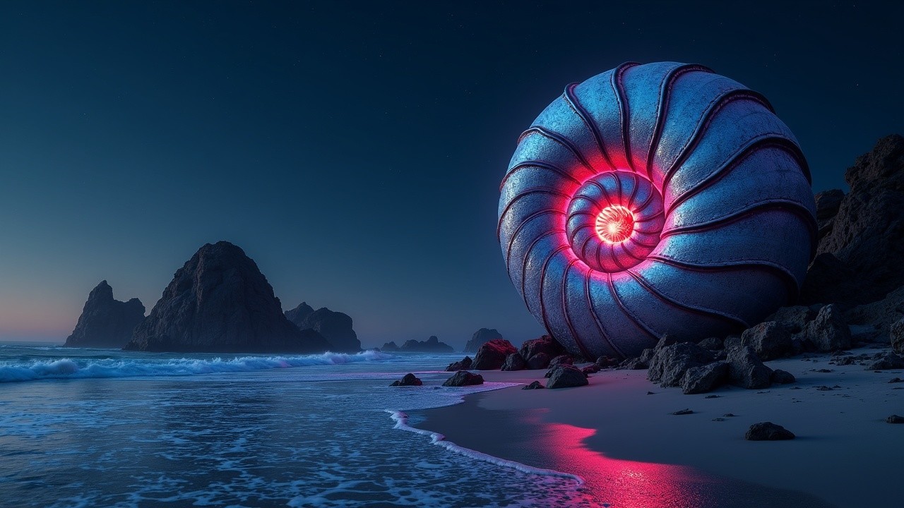 Glowing Nautilus Shell on a Tranquil Beach at Dusk