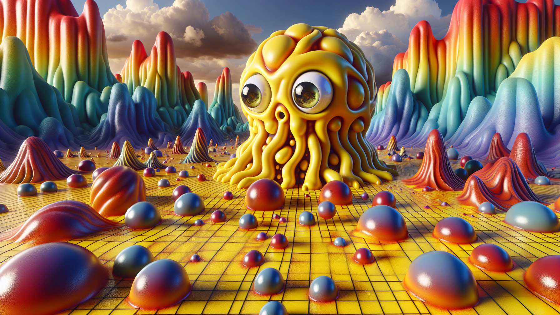 Colorful Whimsical Landscape with Cartoonish Creature