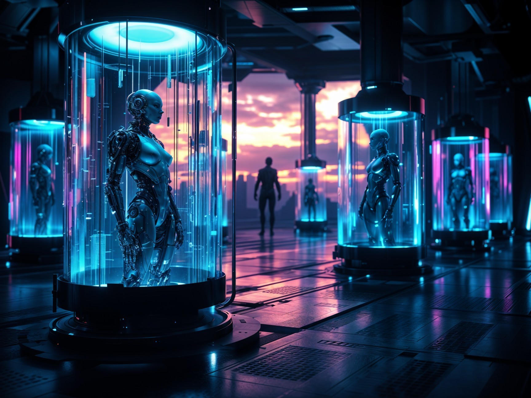 Futuristic Laboratory with Humanoid Robots and Lighting