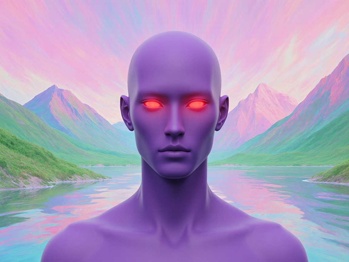 Stylized Purple Humanoid in Vibrant Landscape Scene