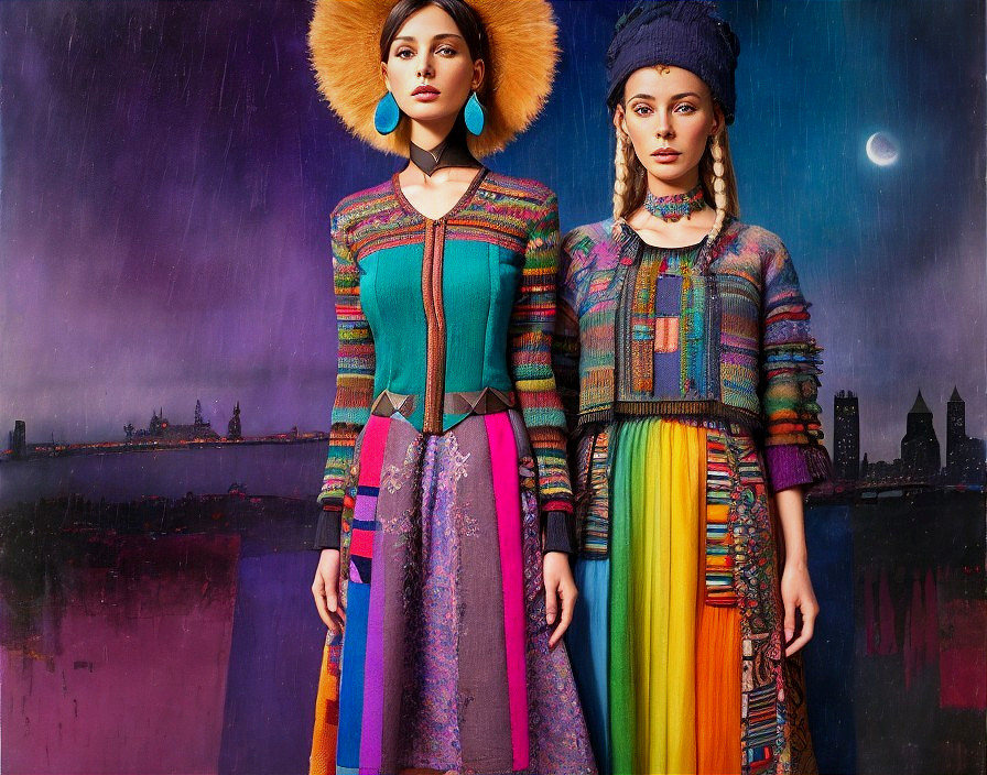 Two women in eclectic fashion against city skyline backdrop at night