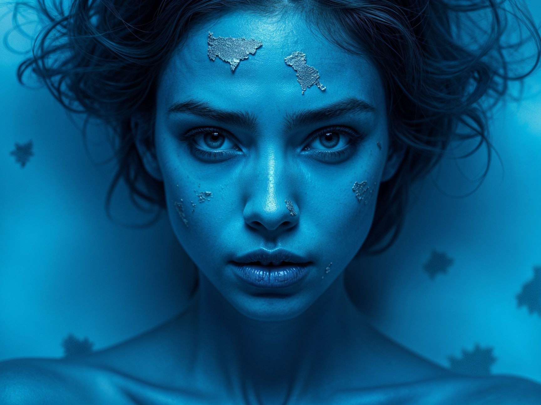 Close-up Portrait of a Young Woman in Blue Hue