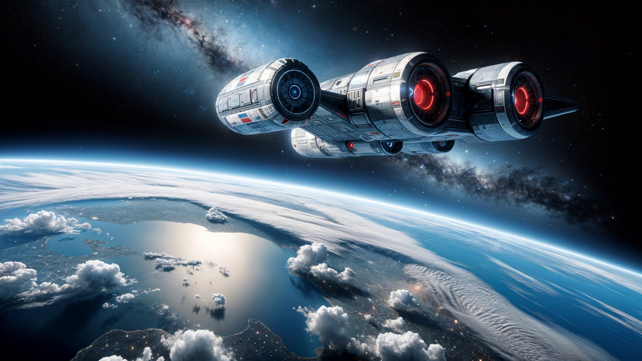 Futuristic spacecraft above Earth with cosmic backdrop