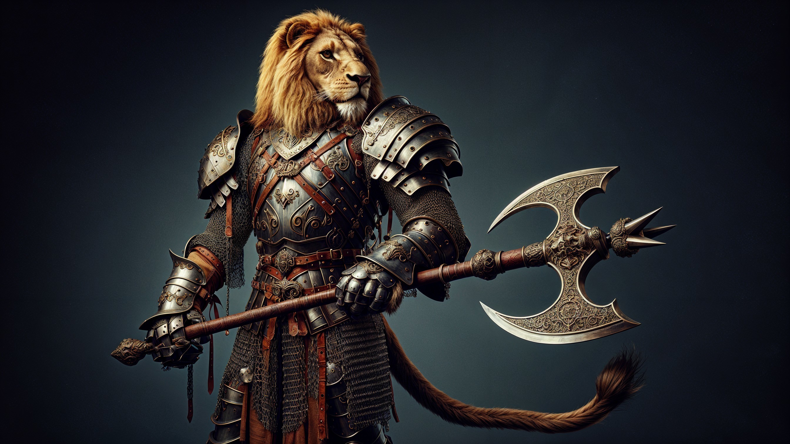 Lion in Medieval Armor with Battle Axe and Fierce Expression
