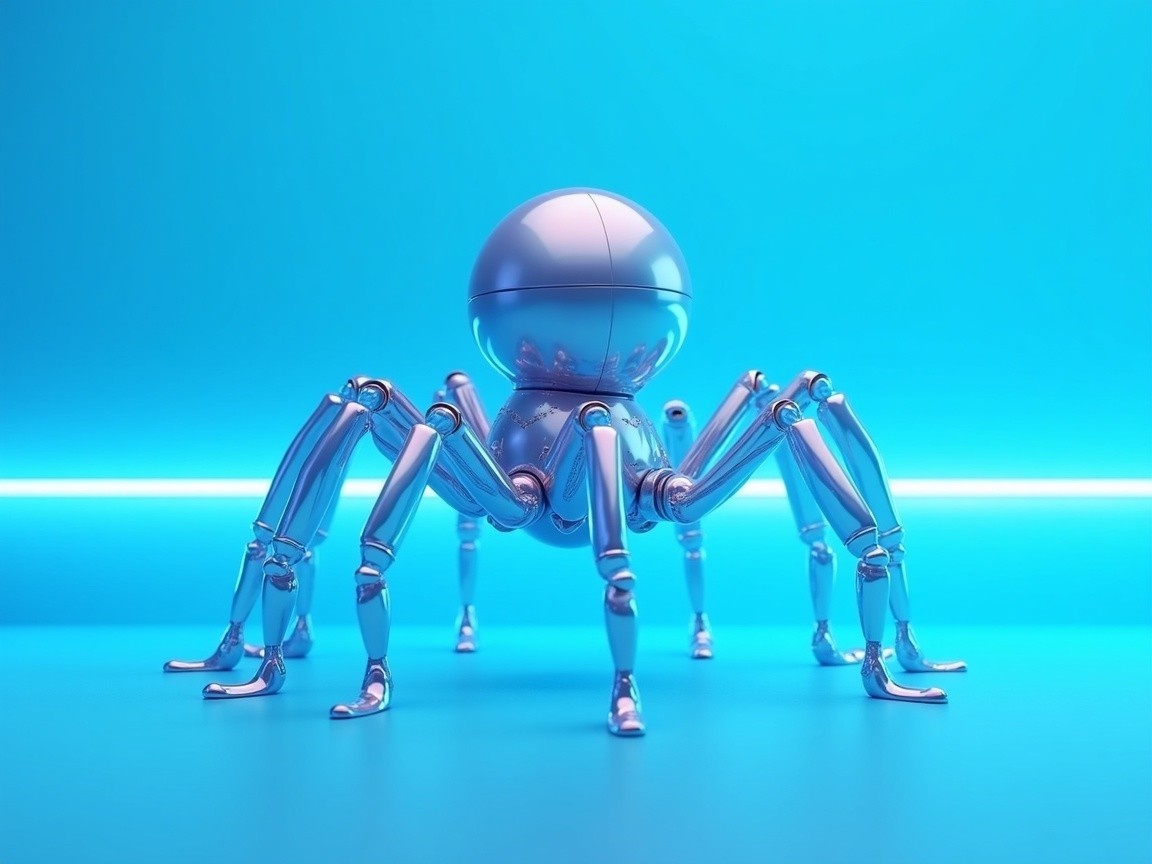 Metallic robotic spider under blue lighting display