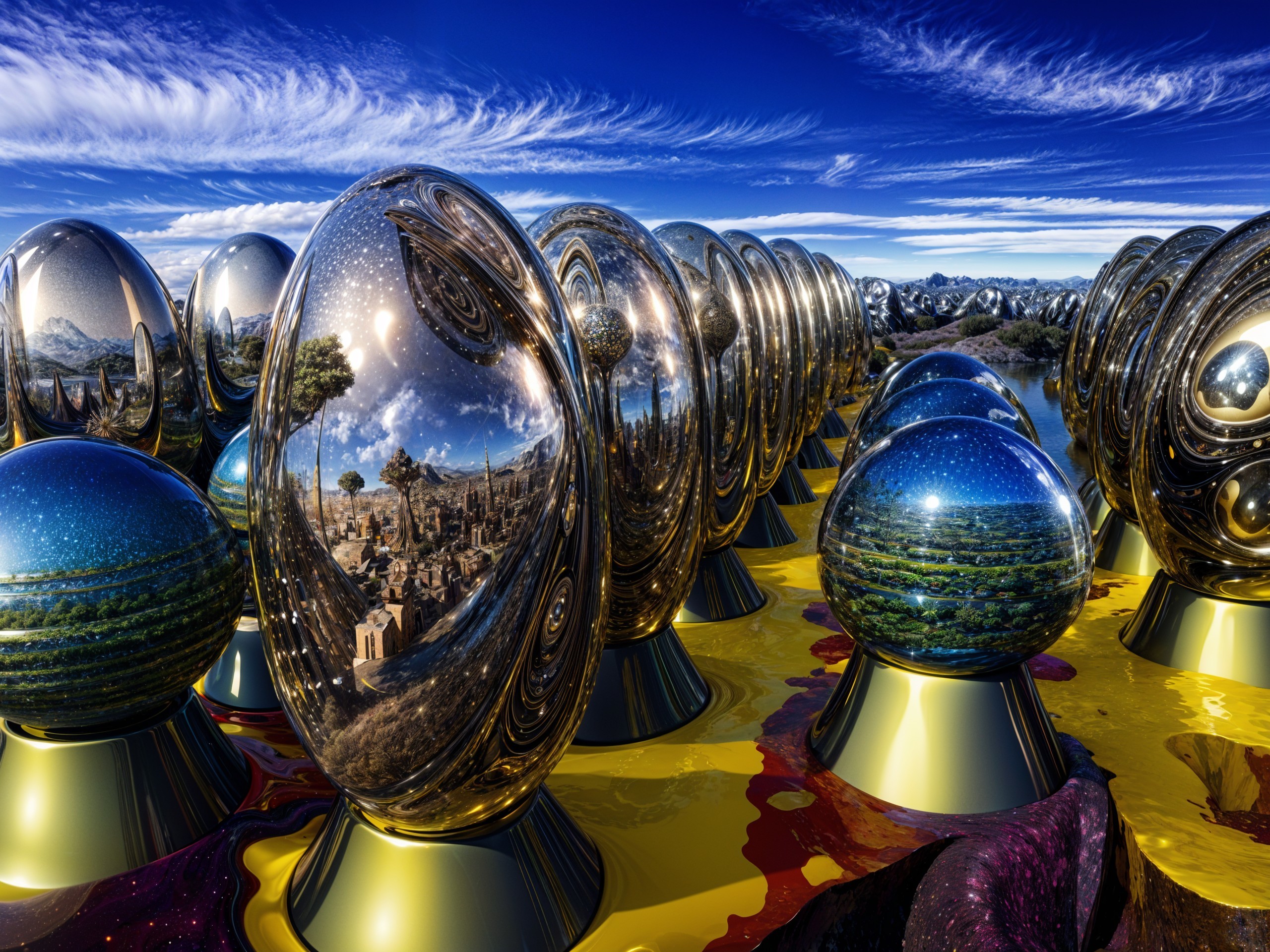 Surreal Landscape with Reflective Spherical Objects