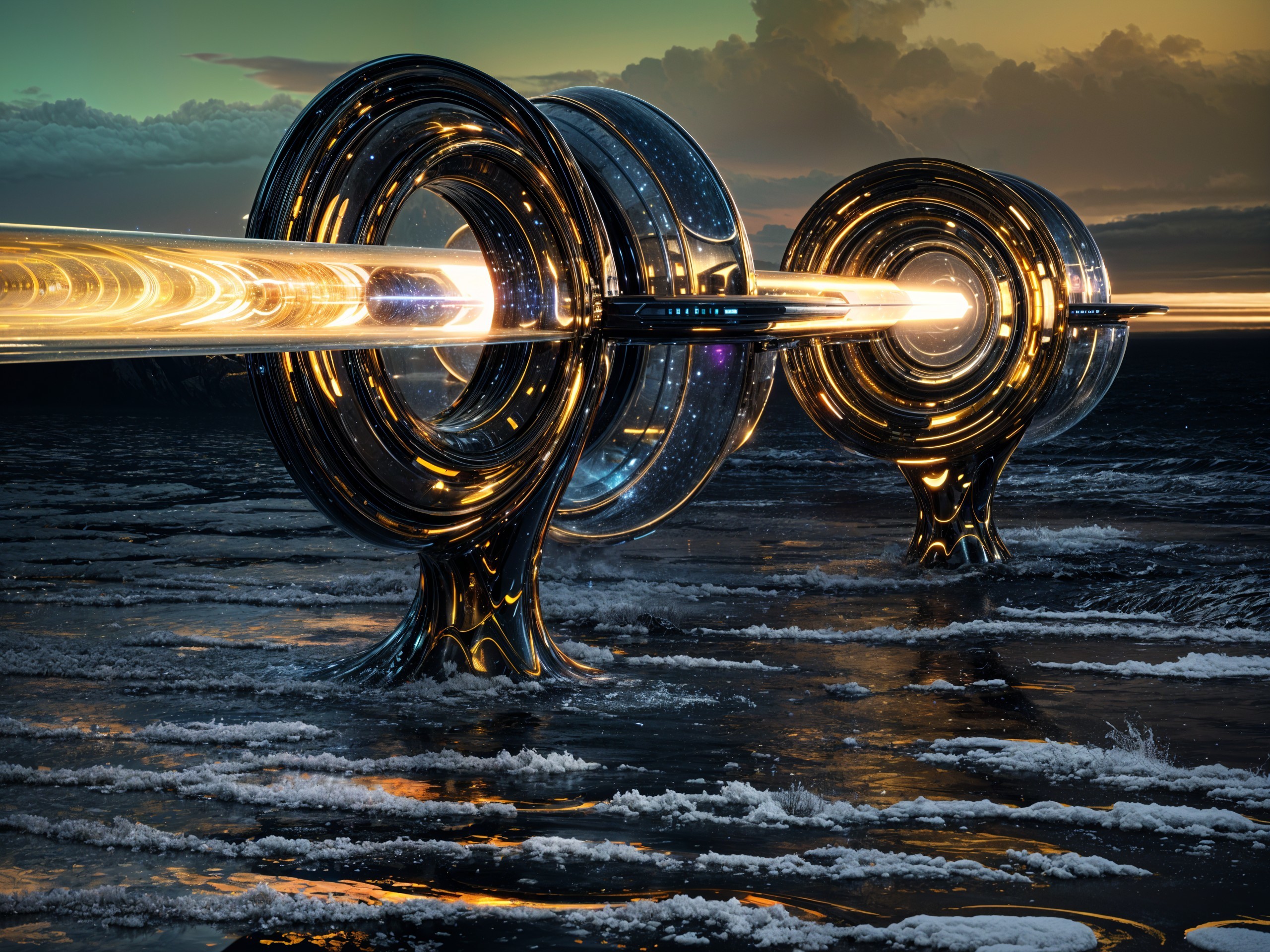 Futuristic Metallic Structures with Glowing Trails