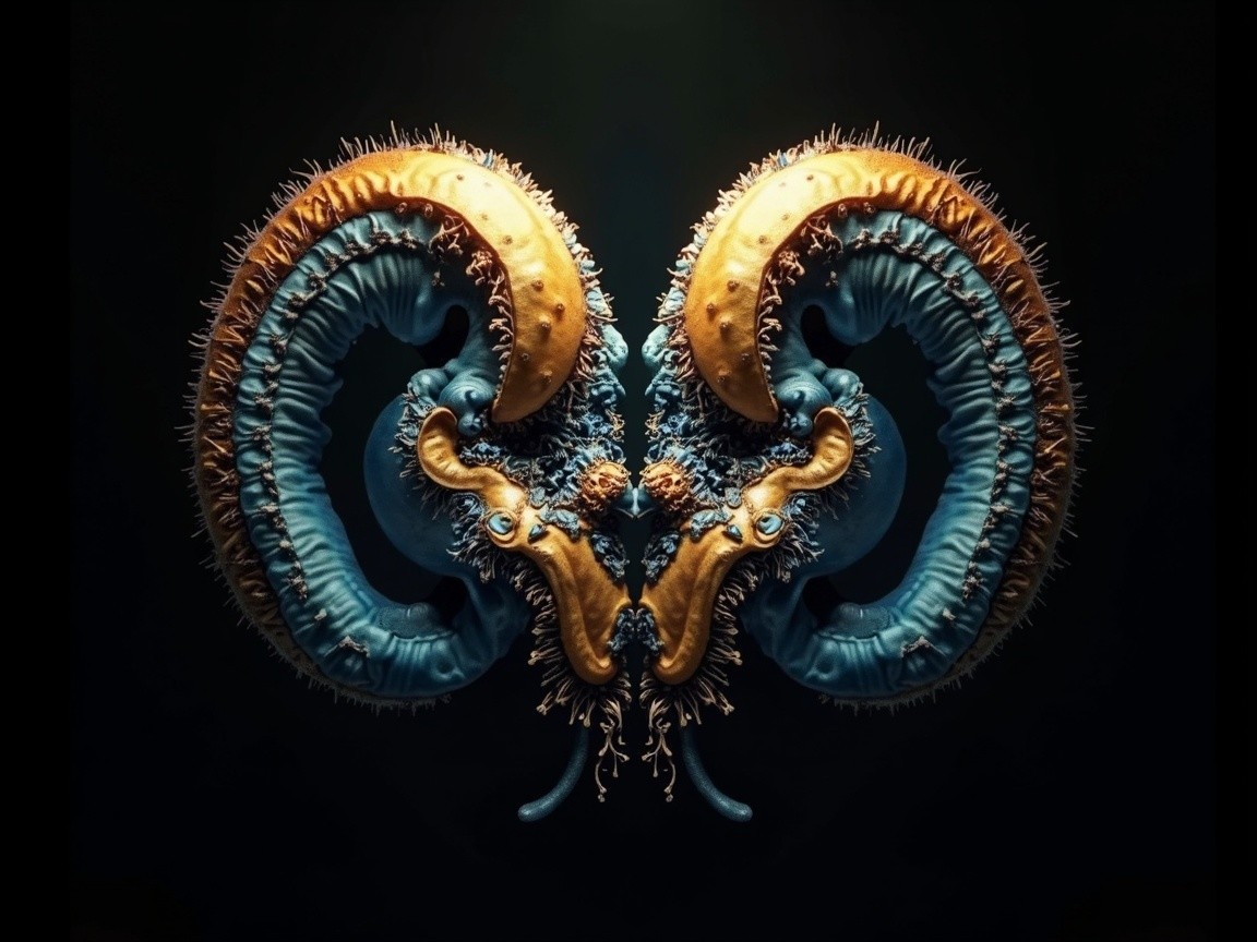 Symmetrical design of stylized ram skulls in blue and gold