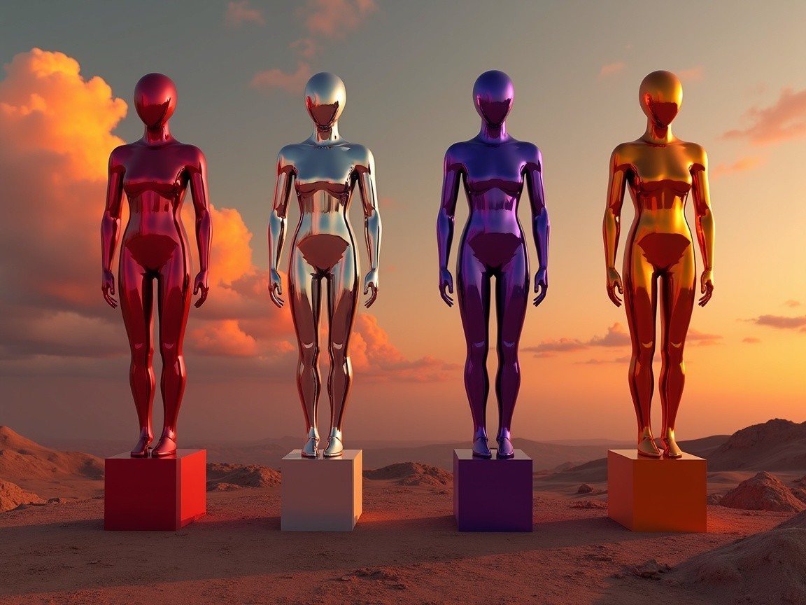 Glossy Humanoid Figures in Metallic Finishes at Sunset