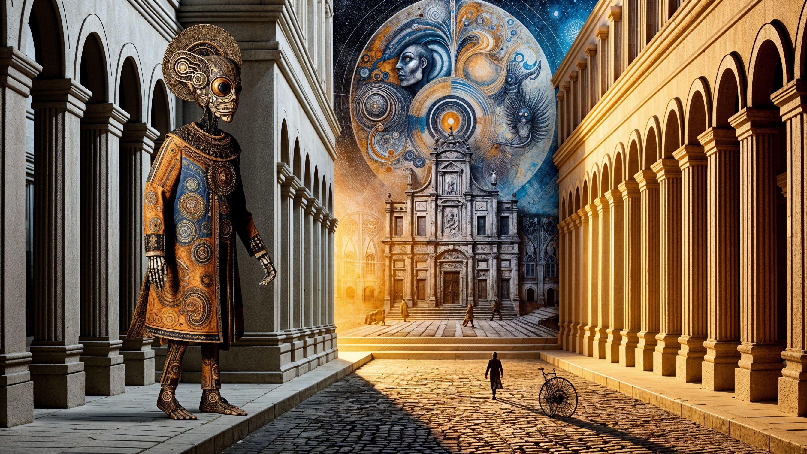 Surreal Architectural Landscape with Cosmic Mural