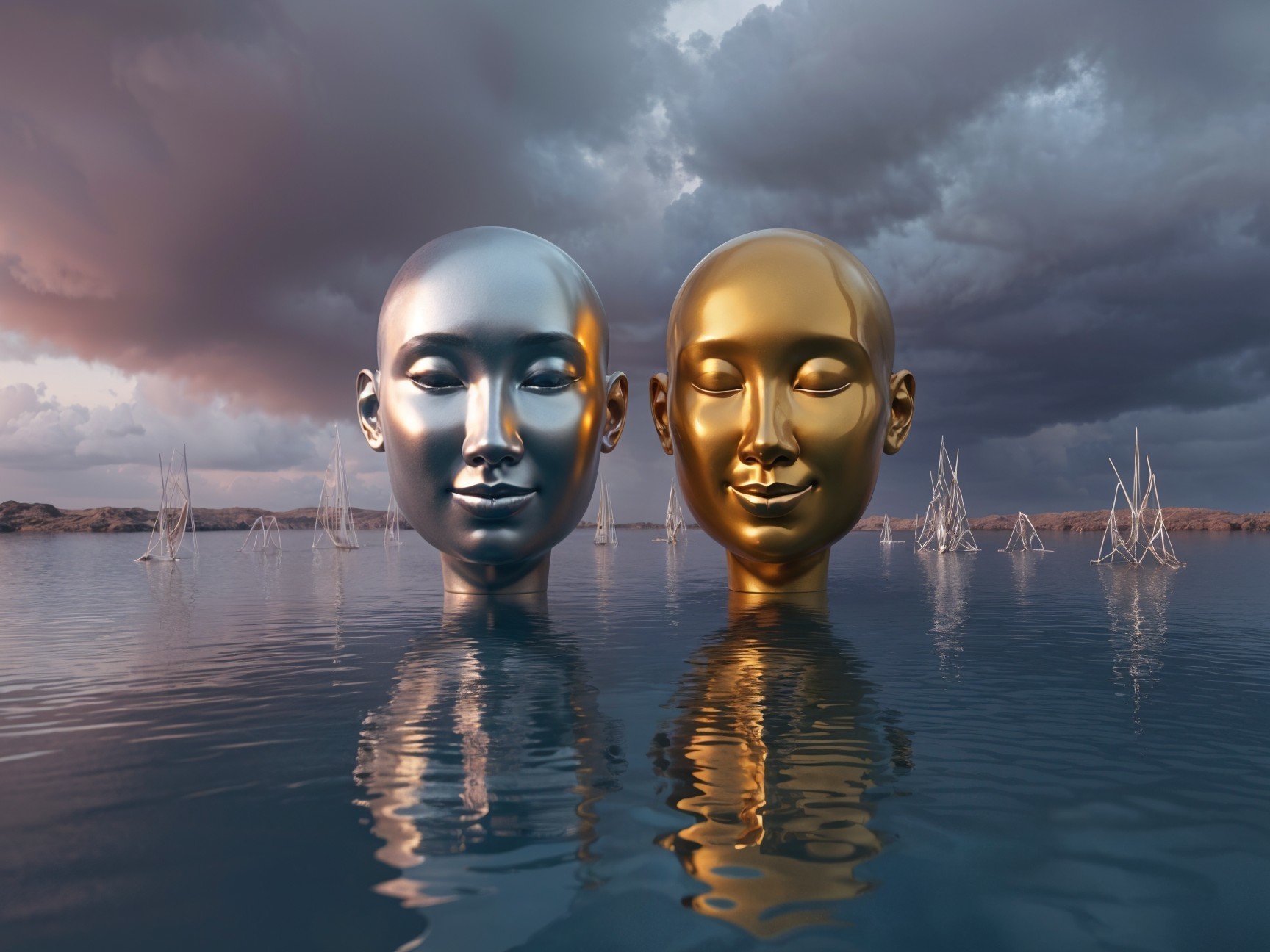 Stylized Silver and Gold Faces Above Reflective Water