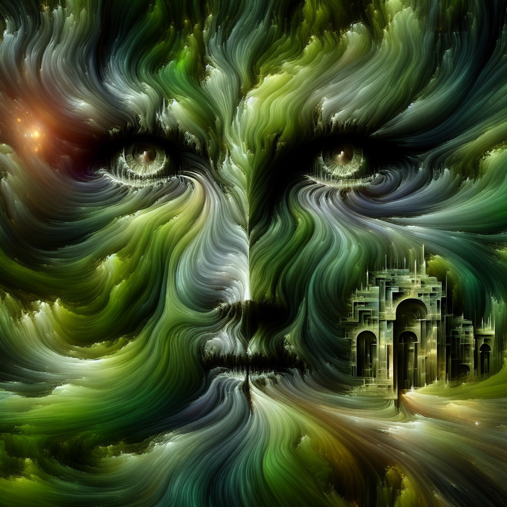Abstract Face with Green Brushstrokes and Ornate Structure