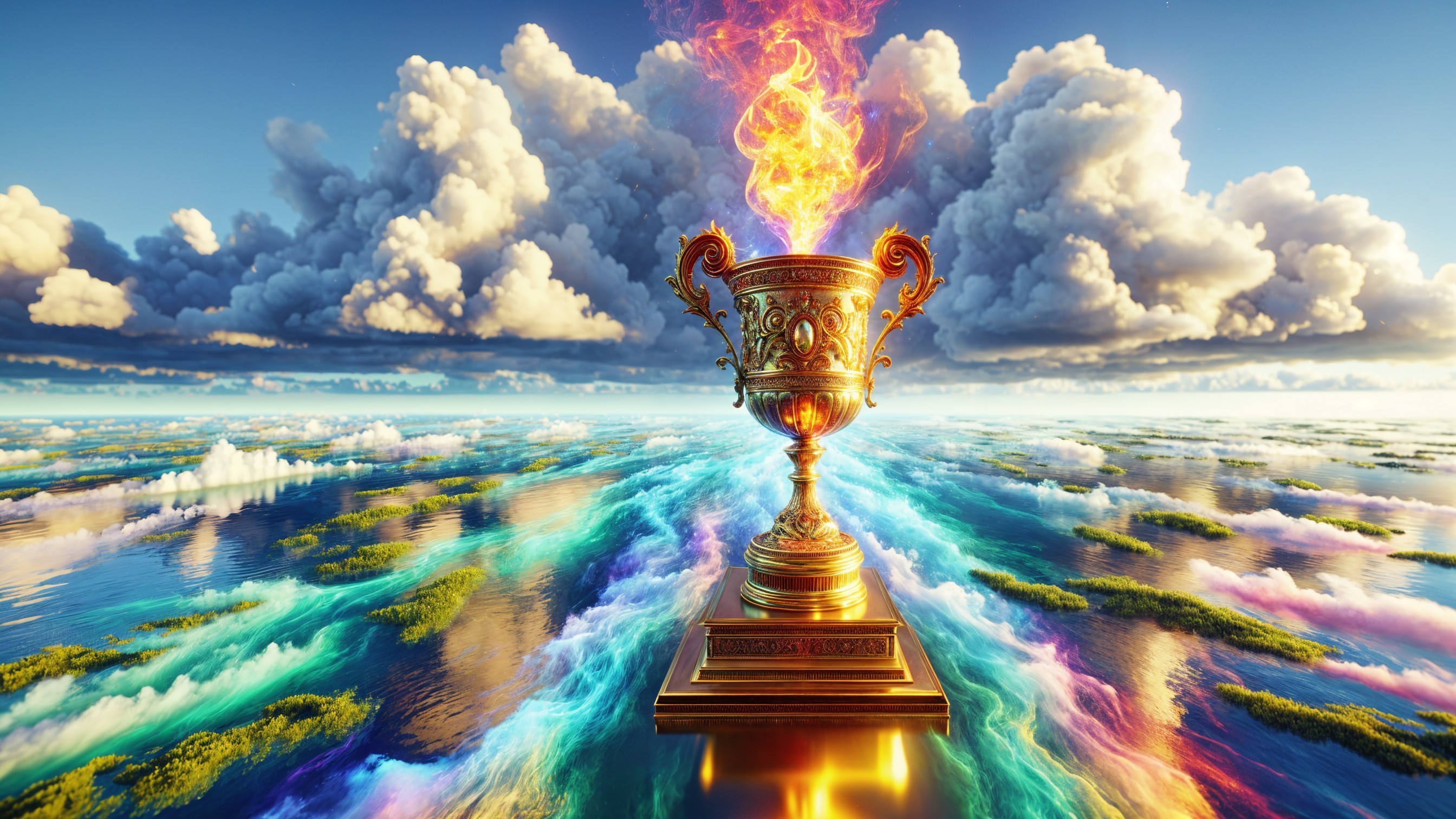 Trophy on Pedestal with Flames and Scenic Background