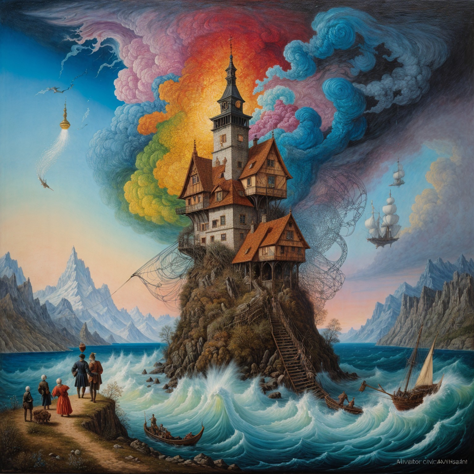 Whimsical Castle on Rocky Isle with Turbulent Waves