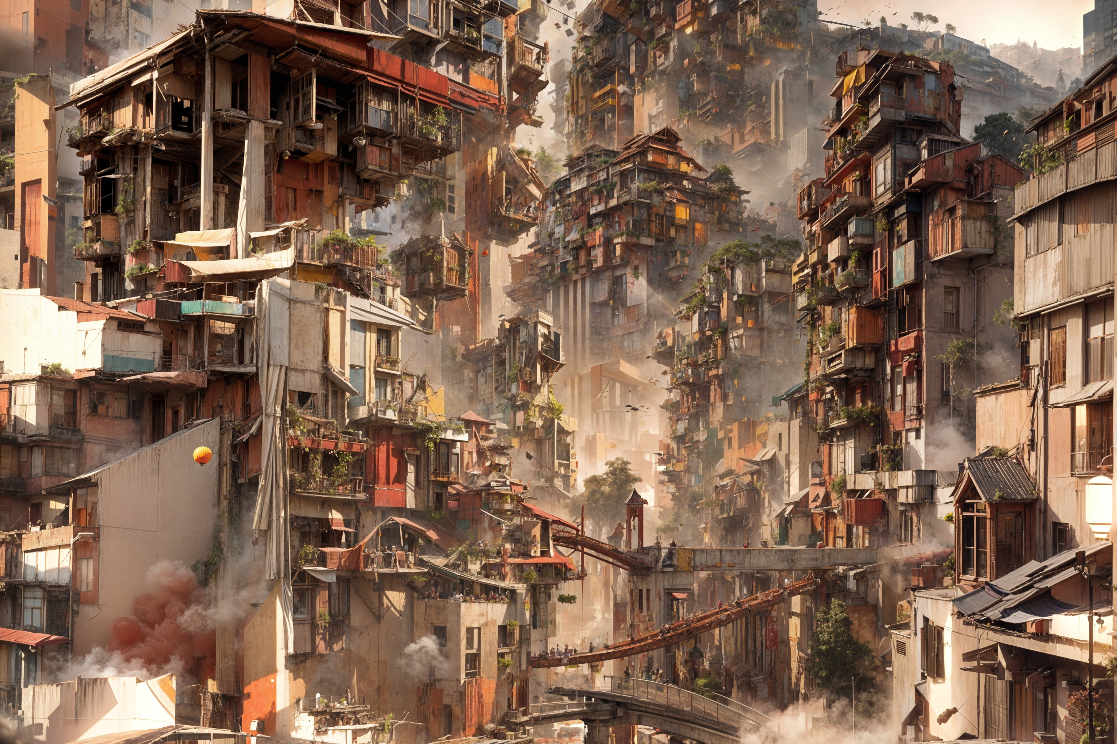 Futuristic cityscape with towering, green buildings