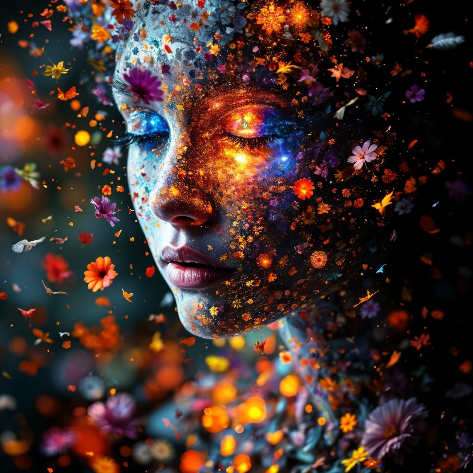 Close-up of a woman's face with floral and light elements