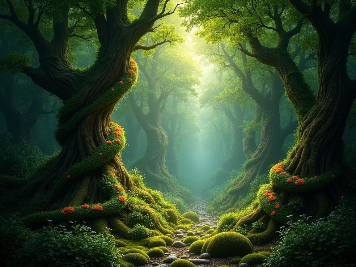 Mystical Forest Scene with Ethereal Light and Flora