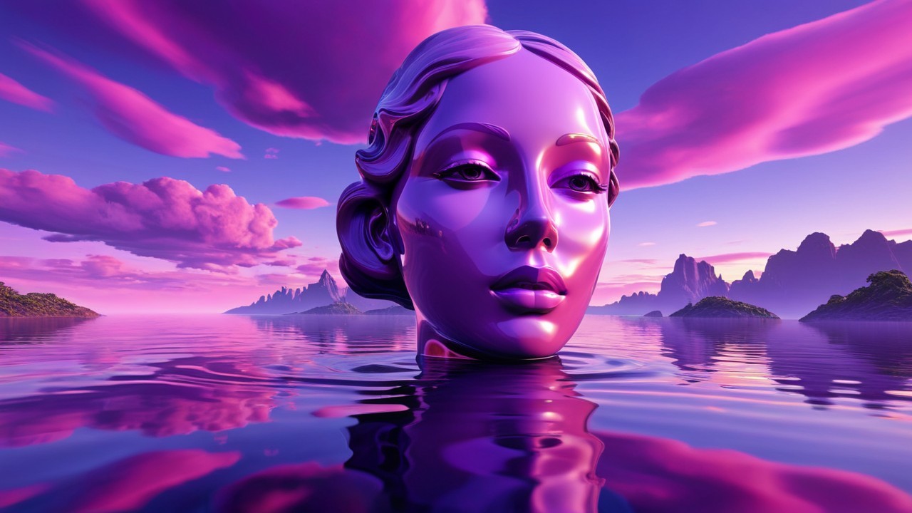 Reflective Purple-Hued Head in Surreal Landscape