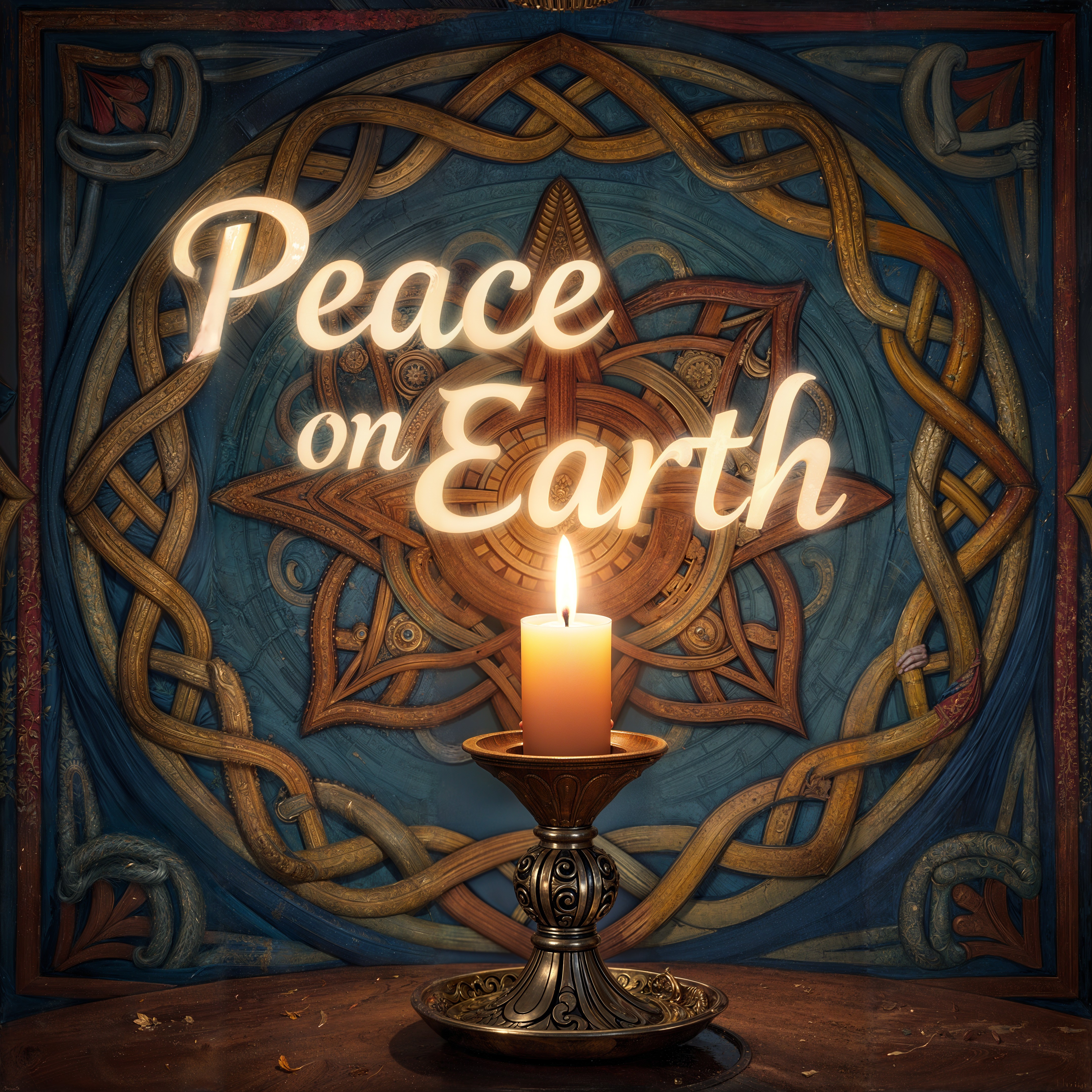 Candle in Brass Holder with Celtic Knotwork Background