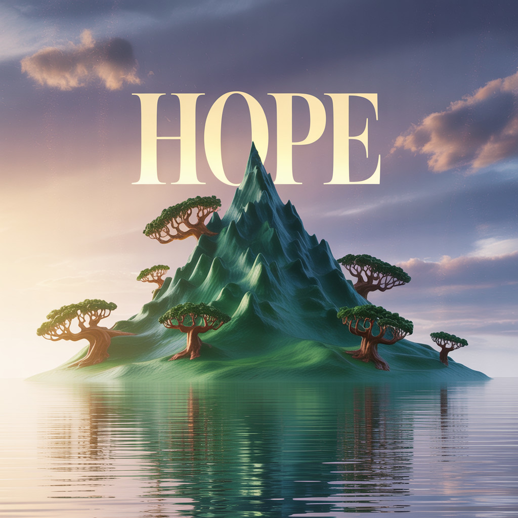Surreal Island Landscape with Bold "HOPE" Displayed